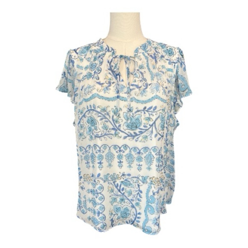 ✨ EUC LC LAUREN CONRAD Blue Patch Tie Front Ruffle V-Neck Blouse | XL